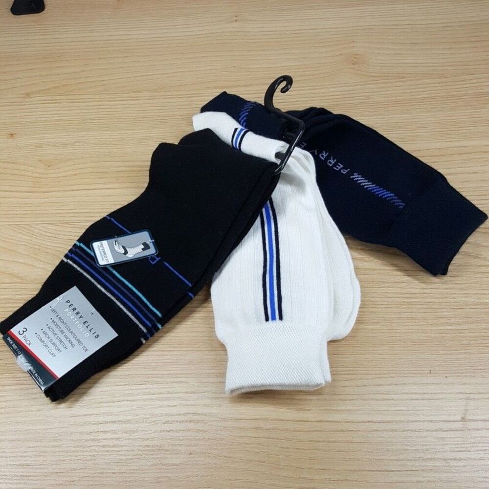 PERRY ELLIS Crew Dress Socks White Black Navy 3-Pack Moisture Wicking Logo